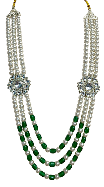 Multi-Layer Pearl and Green Bead Necklace with Kundan Brooch