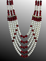 Multilayer Pearl and Ruby Beaded Necklace with Gold Clasps