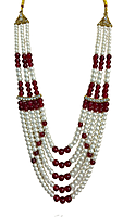 Multilayer Pearl and Ruby Beaded Necklace with Gold Clasps