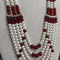 Multilayer Pearl and Ruby Beaded Necklace with Gold Clasps